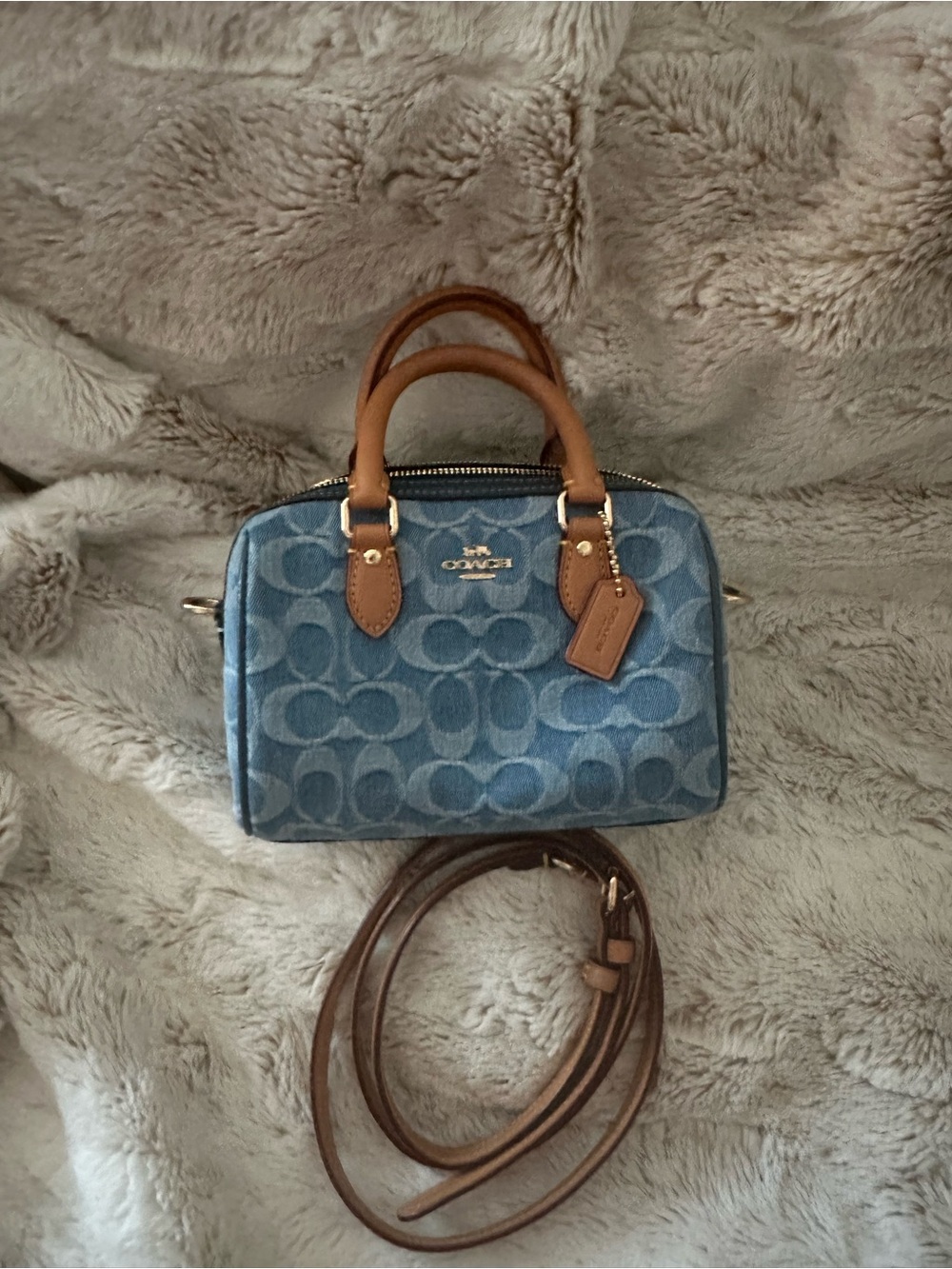 Coach Denim Signature Mini Rowan with Tan Leather Trim